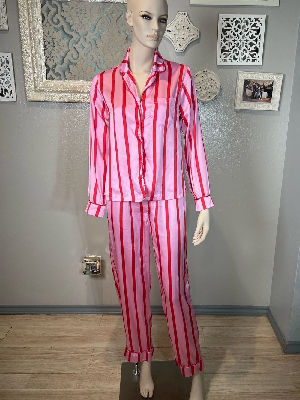 ASOS Design Pink & Red Striped Satin Pajama Set